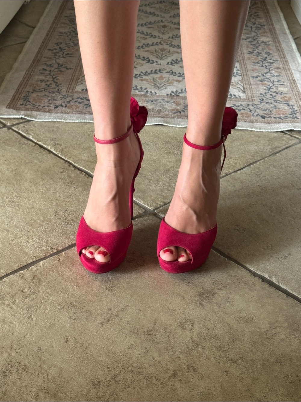 Saint Laurent Red Suede Peep-Toe Stiletto Sandals with Rosette - Picture 11 of 12